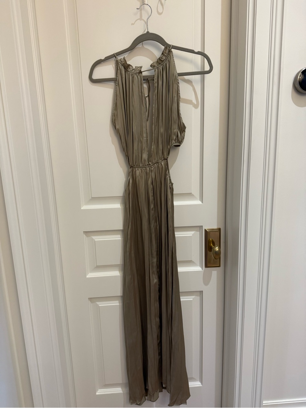 Zara Olive-Taupe Halter Pleated Maxi Dress